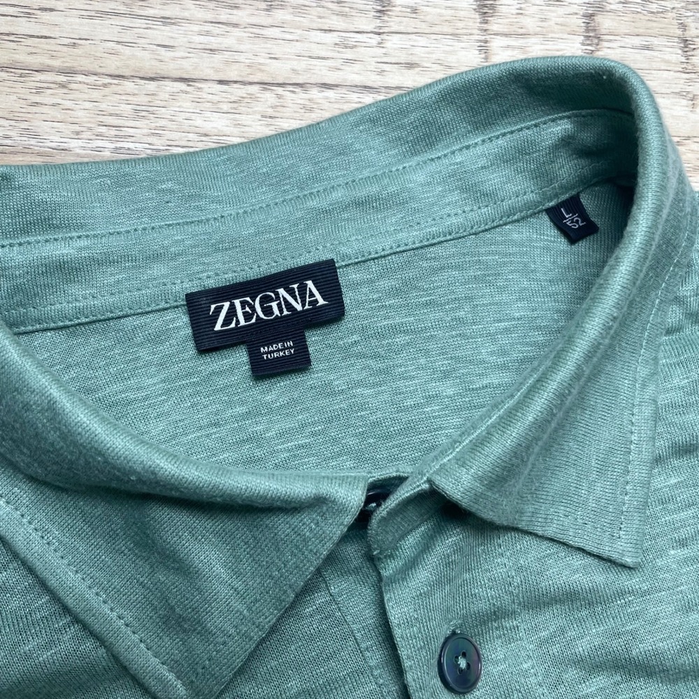 Zegna Mens 100% Linen Short Sleeve Polo Shirt Large 52 Sage Green Luxury EUC - Picture 4 of 8